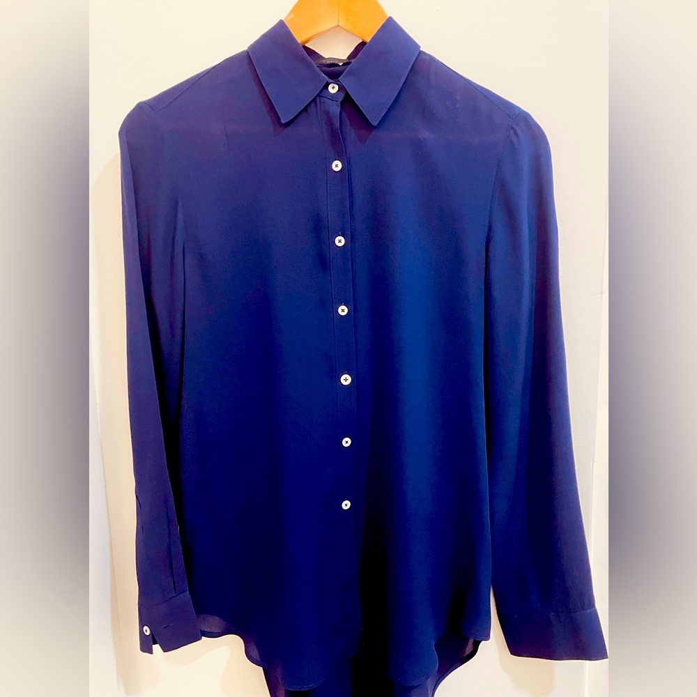 The Row, cobalt blue pleated back georgette blouse.